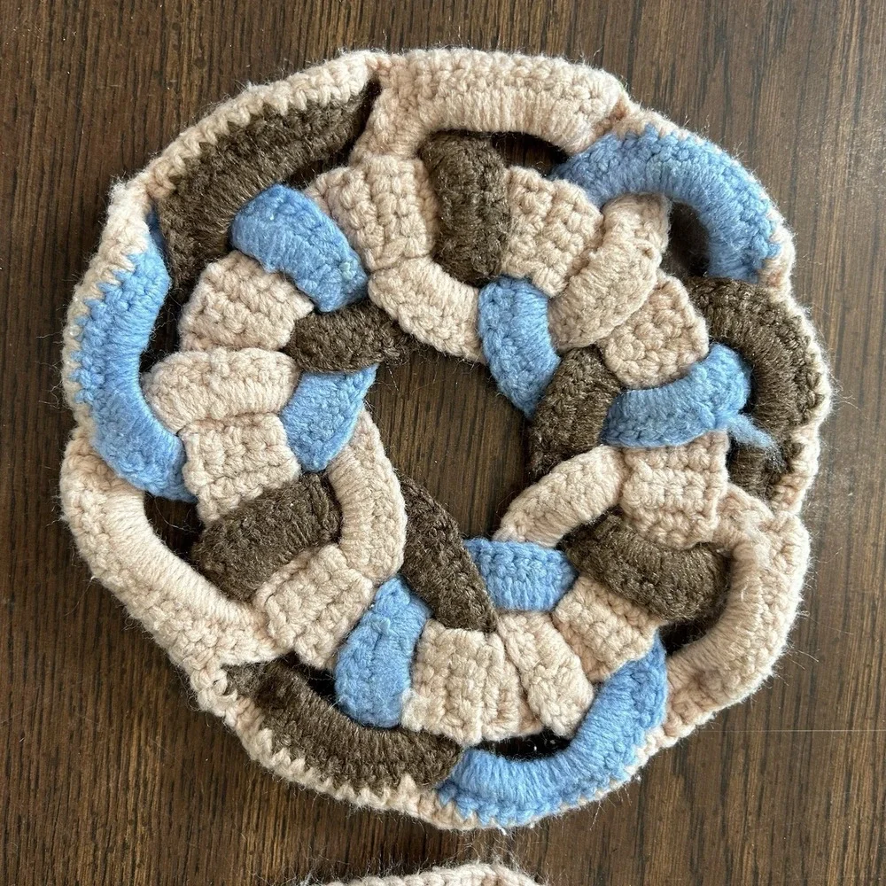 Vintage 70s Cottagecore Handmade Braided Crochet Trivet Hot Pad Set 2 Boho Folk